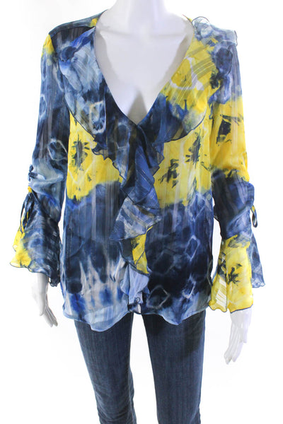 Jeff Gallano Womens Tie Dye Print Ruffled Long Sleeves Blouse Blue Yellow Size 2