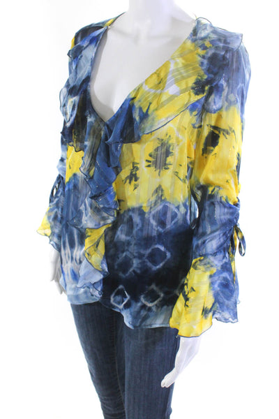 Jeff Gallano Womens Tie Dye Print Ruffled Long Sleeves Blouse Blue Yellow Size 2