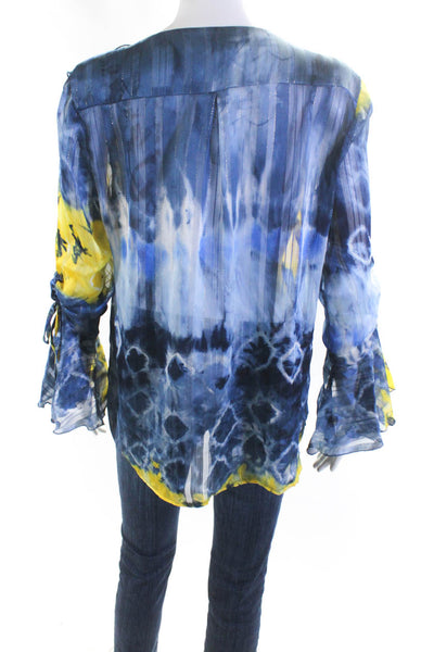 Jeff Gallano Womens Tie Dye Print Ruffled Long Sleeves Blouse Blue Yellow Size 2