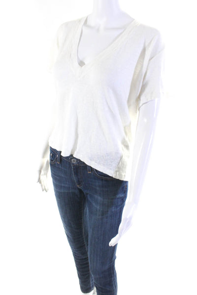 IRO Womens Jahal Short Sleeve Deep V Neck Top Tee Shirt White Linen Size XS
