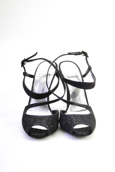 Stuart Weitzman Womens Leather Metallic Open Toe Strappy Heels Black Size 5M