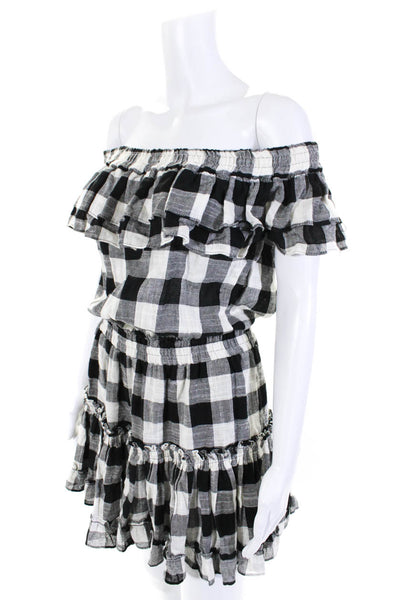 Misa Womens Ruffled Off Shoulder Gingham Linen Dress White Black Size Medium