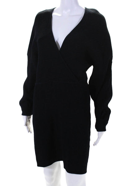 Ganni Women's Long Sleeve V-Neck Ribbed Knit A-line Dress Navy Size L