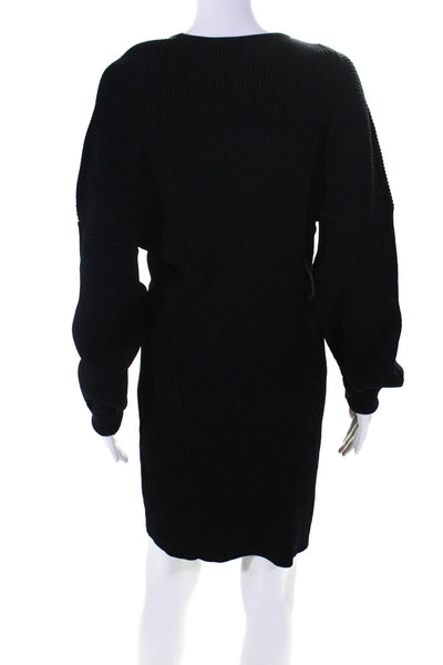 Ganni Women's Long Sleeve V-Neck Ribbed Knit A-line Dress Navy Size L