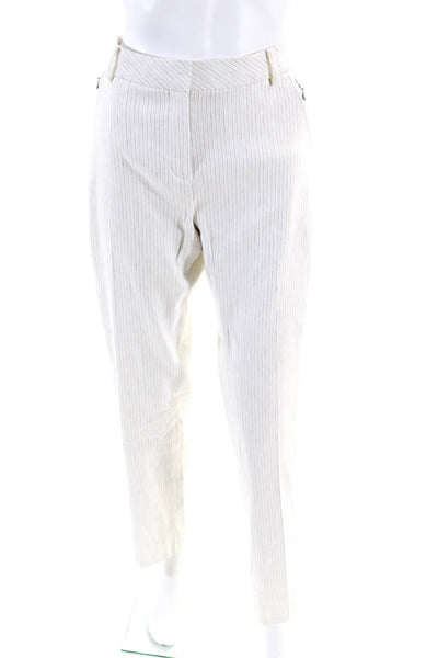 Elie Tahari Womens Zipper Fly Striped Straight Leg Pants White Linen Size 6