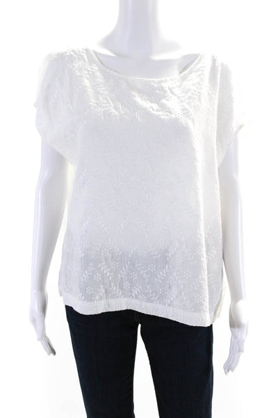 Cynthia Rowley Womens Scoop Neck Floral Embroidered Linen Top White Size Medium