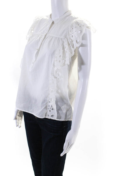 Joie Womens Ruffled Eyelet Short Sleeve V Neck Shirt White Cotton Size XS
