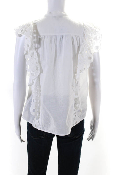 Joie Womens Ruffled Eyelet Short Sleeve V Neck Shirt White Cotton Size XS