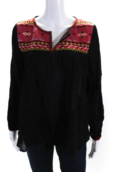 Joie Womens Long Sleeve Embroidered Trim V Neck Shirt Black Pink Cotton Small