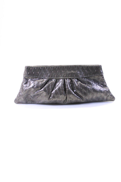 Lauren Merkin Womens Metallic Embossed Ruched Silver Clutch Small Handbag