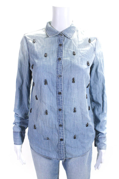 J Crew Collection Womens Chambray Jeweled Button Down Shirt Blue Size 2