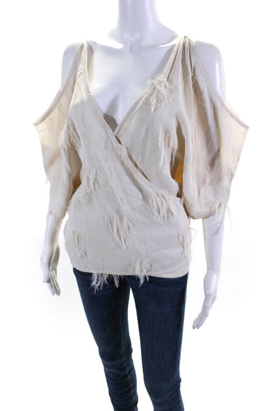 Helmut Lang Womens Tassel Trim Cold Shoulder Short Sleeve Wrap Top Beige Size L