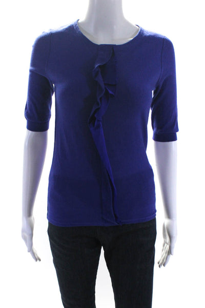 Boss Hugo Boss Womens Short Sleeve Crew Neck Ruffled Knit Shirt Blue Size XS