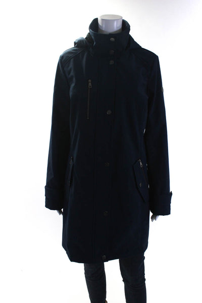 DKNY Womens Front Zip Long Sleeve Hooded Jacket Navy Blue Black Size Medium