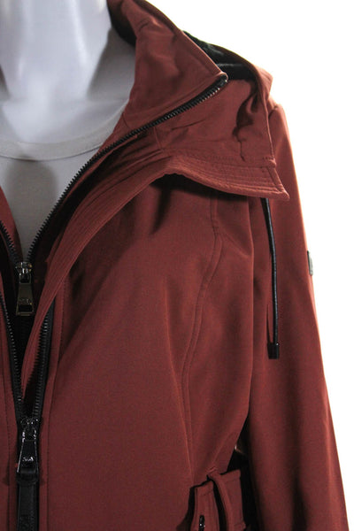 DKNY Womens Front Zip Long Sleeve Hooded Jacket Brown Black Size Medium