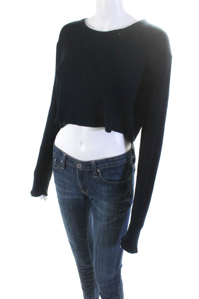 Sablyn Womens Long Sleeve Ribbed Crop Top Tee Shirt Navy Blue Size Extra Small