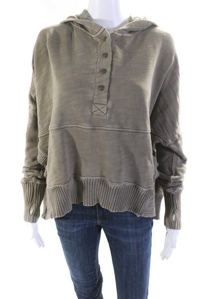 FP Movement Womens Cotton Fleece 1/2 Button Up Hooded Sweatshirt Brown Size S