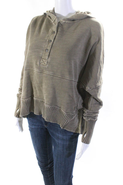 FP Movement Womens Cotton Fleece 1/2 Button Up Hooded Sweatshirt Brown Size S