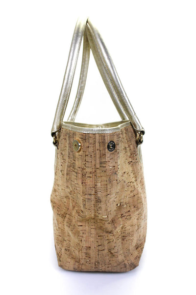 Oscar de la Renta Womens Cork Print Metallic Trim Top Handle Toe Bag Beige