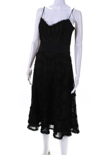 BCBGMAXAZRIA Womens Black Mesh Ruffle V-Neck Sleeveless Midi Shift Dress Size 6