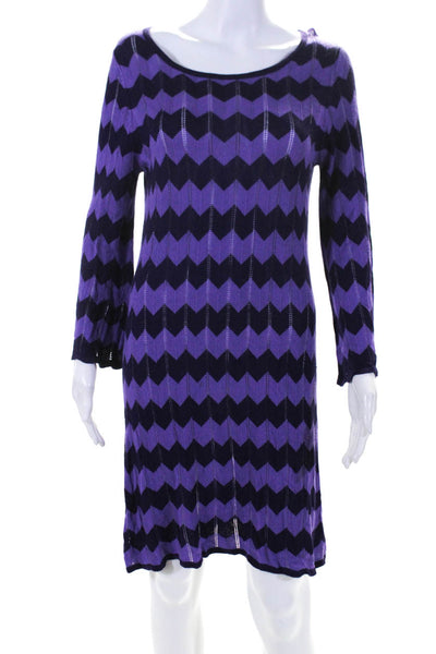 Alice + Olivia Womens Two Tone Purple Printed Open Knit Sweater Dress Size M