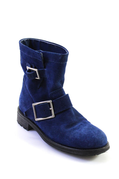 Jimmy Choo Womens Round Toe Suede Buckled Slip-On Ankle Boots Blue Size EUR36