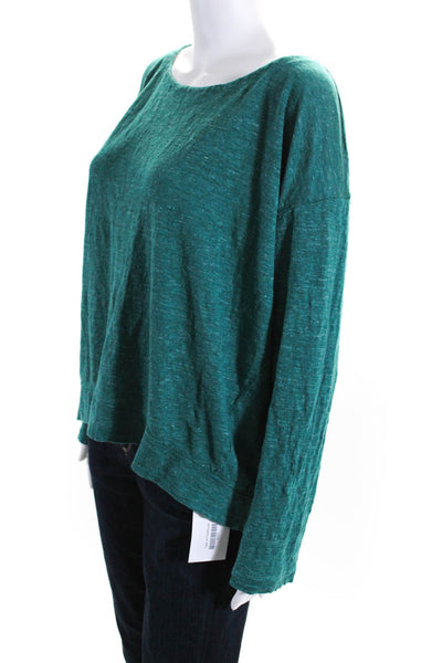 Eileen Fisher Womens Linen Round Neck Long Sleeve Pullover Top Green Size XL