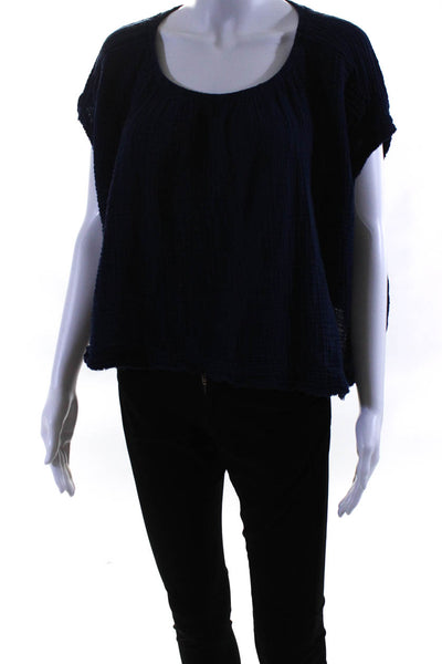 9seed Womens Dolman Sleeve Gauze Round Neck Boxy Crop Top Blouse Blue Size Small