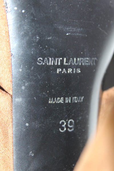 Saint Laurent Womens Block Heel Knotted Cross Strap Sandals Brown Suede Size 39