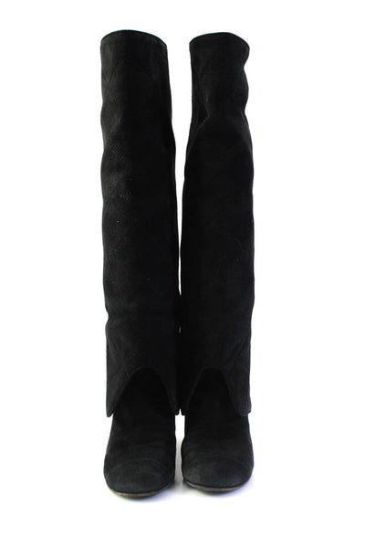 Chanel Womens Suede Quilted Pull On Knee High Boots Black Size 39.5 9.5