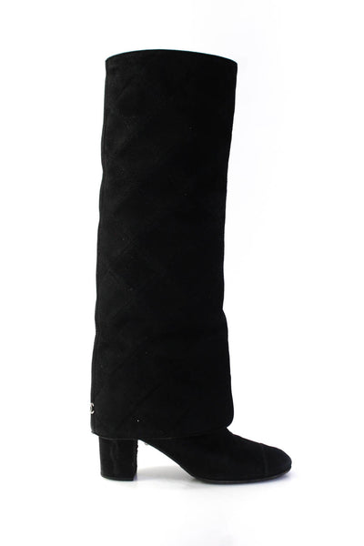 Chanel Womens Suede Quilted Pull On Knee High Boots Black Size 39.5 9.5
