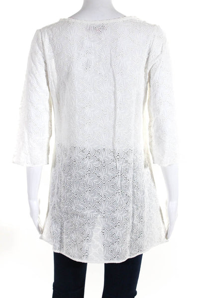 Calypso Women's Round Neck Short Sleeves Eyelet Tunic Blouse White Size S