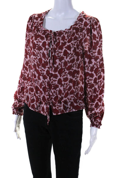 Intermix Womens Silk Floral Buttoned Tied Hem Bishop Sleeve Blouse Red Size S