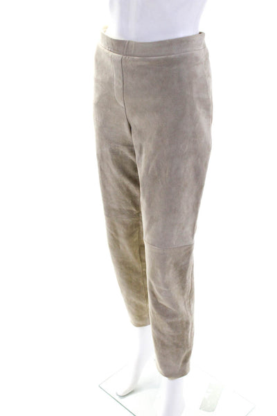 Theory Women's Suede Mid Rise Straight Leg Pull On Trousers Beige Size 8