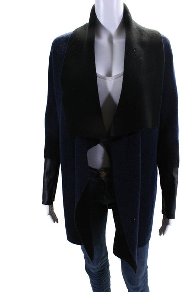 Vince Womens Wool Knit Leather Trim Spotted Print Sweater Cardigan Blue Size XS