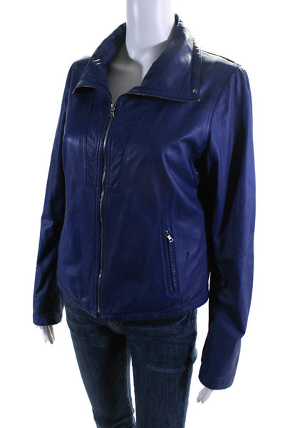 Elie Tahari Womens Leather Collared Full Zip Long Sleeve Jacket Blue Size S