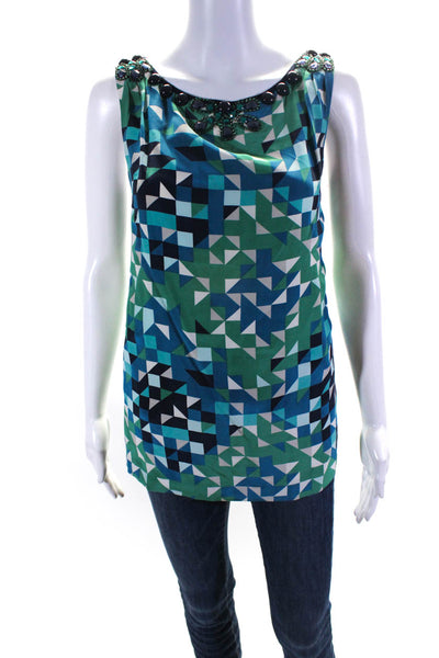 Tory Burch Womens Abstract Embellished Sleeveless Blouse Top Blue Size 10