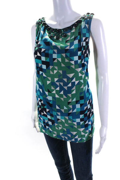 Tory Burch Womens Abstract Embellished Sleeveless Blouse Top Blue Size 10