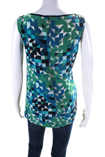 Tory Burch Womens Abstract Embellished Sleeveless Blouse Top Blue Size 10