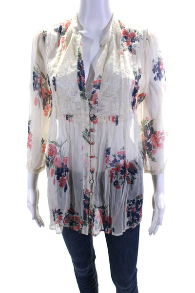 Joie Womens Silk Floral Lace V-Neck Button-Up Long Sleeve Blouse White Size M