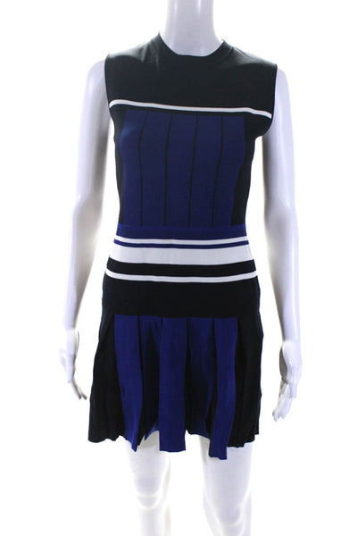 Portspure Women's Sleeveless Striped Print Pleated A-line Dress Blue Size S