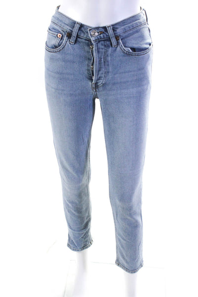 Redone Womens Cotton Buttoned Slim Straight Leg Light Wash Jeans Blue Size EUR23
