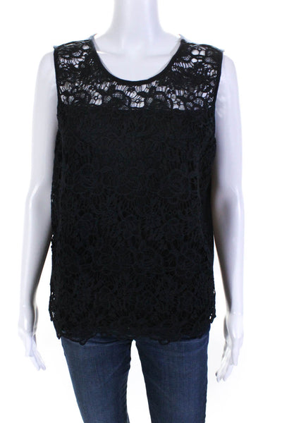 Nanette Lepore Womens Jersey Knit Lace Overlay Sleeveless Blouse Top Navy Size L