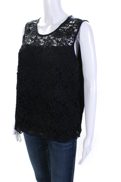 Nanette Lepore Womens Jersey Knit Lace Overlay Sleeveless Blouse Top Navy Size L