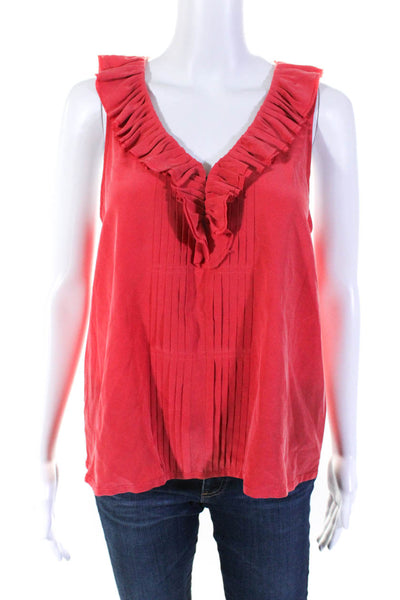 Joie Womens Solid Coral Silk Ruffle V-Neck Sleeveless Blouse Top Size S
