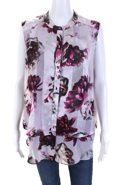 Tahari Womens Fuschia Floral Print Crew Neck Sleeveless Blouse Top Size XL