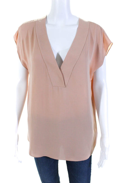 Theory Womens Solid Nude V-Neck Silk Cap Sleeve Blouse Top Size M