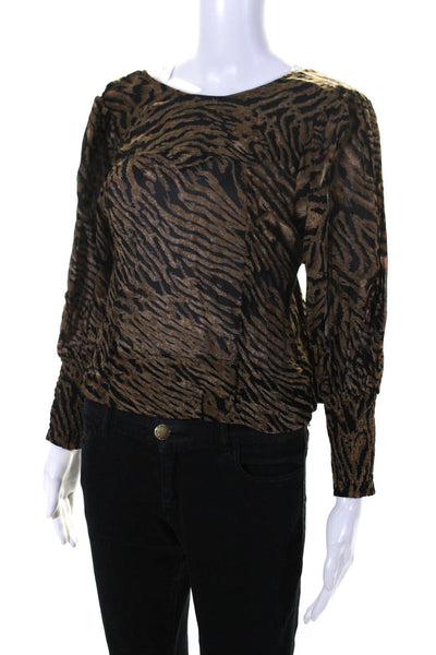 Ganni Women's Animal Print Long Sleeve Tie Front Blouse Brown Size 36