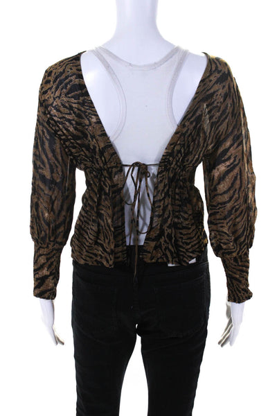 Ganni Women's Animal Print Long Sleeve Tie Front Blouse Brown Size 36