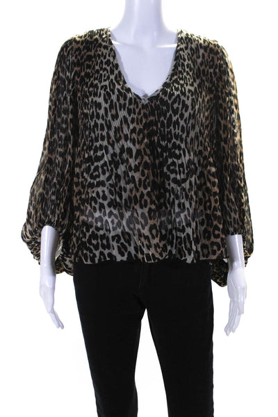 Ganni Women's Pleated Leopard Print V-Neck Long Sleeve Blouse Beige Size 36